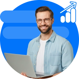 Smiling professional with a laptop and growth chart icon, symbolizing progress and success.