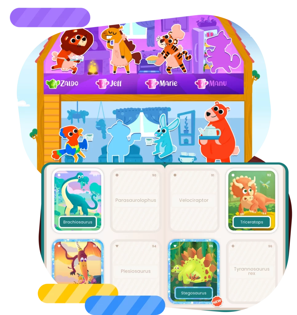 Collection of Smart Tales toys and cards as part of the reward system.