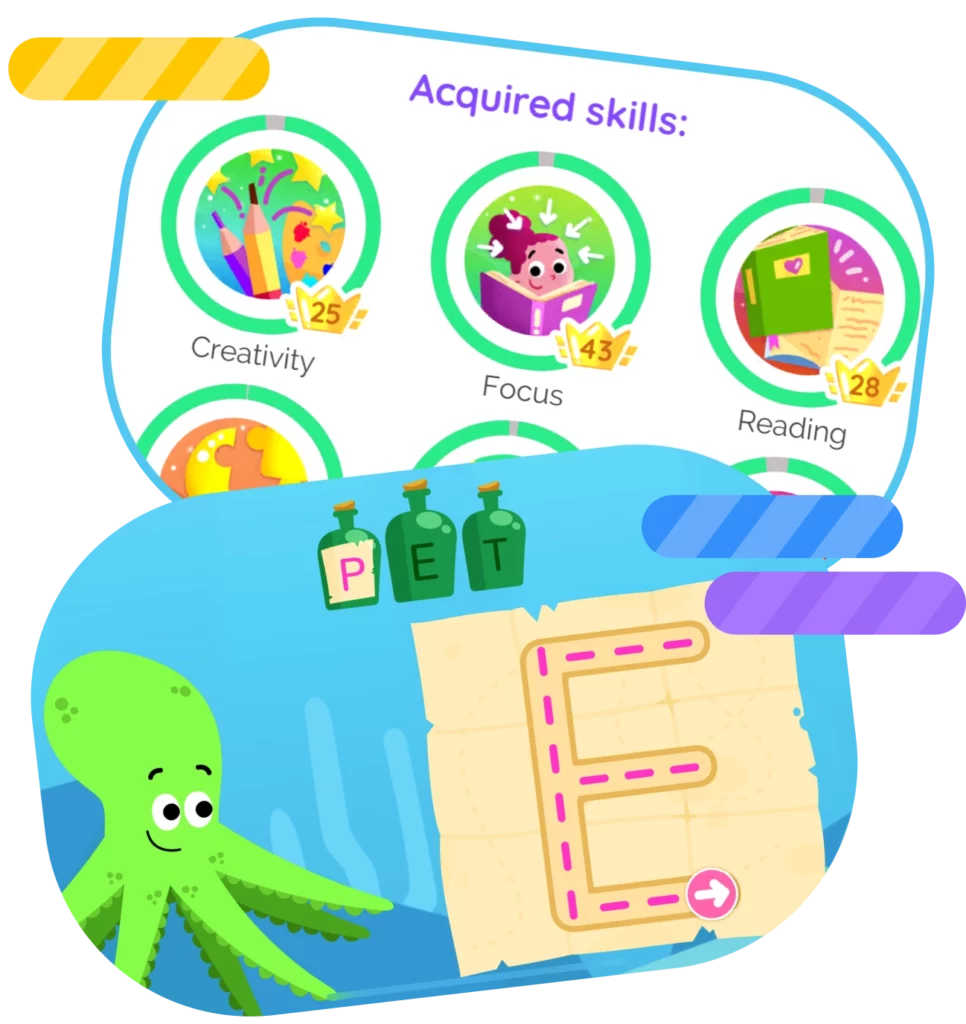 Smart Tales educational activities and parent section displaying child progress tracking.