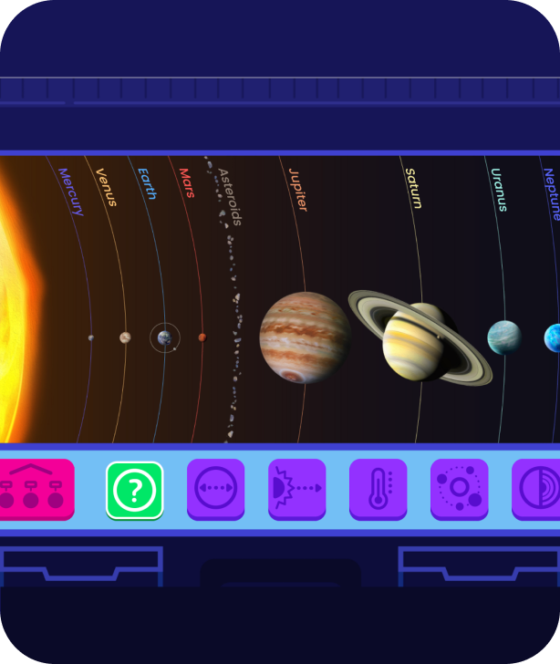 Interactive educational game showing the solar system with planets and asteroid belt.