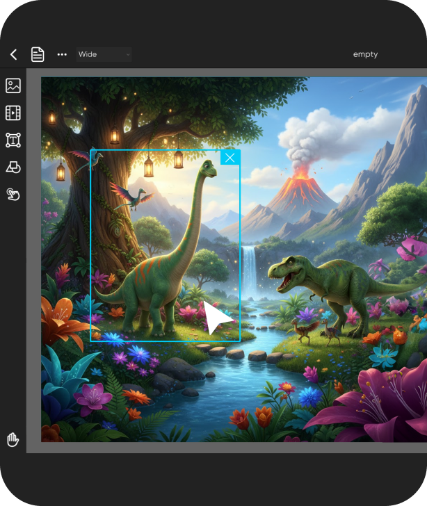 Preview of an interactive educational game created with Zencreate featuring a prehistoric landscape and dinosaurs.