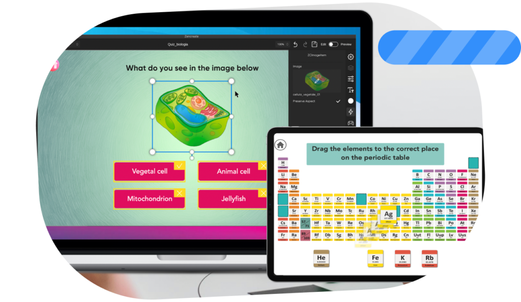 Interactive educational games created with Zencreate software, featuring biology and chemistry quizzes.