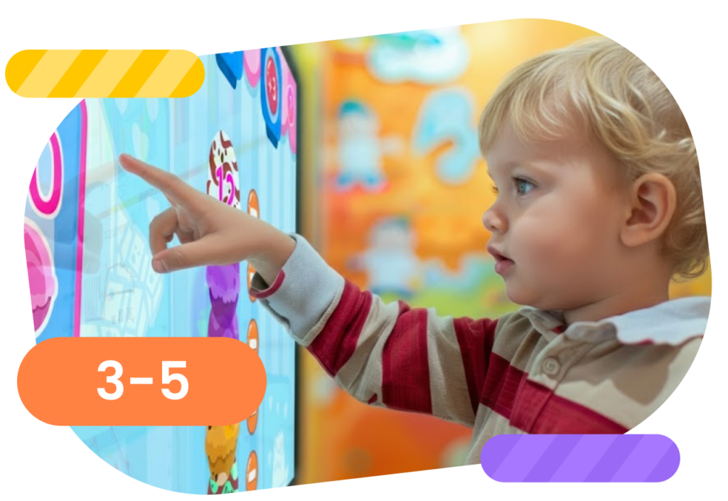 Child interacting with an educational touchscreen game, suitable for early learning (ages 3-5).