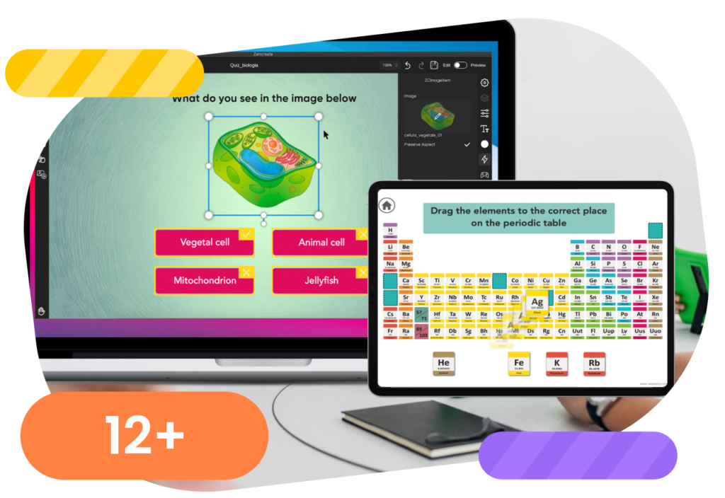 Interactive educational games created with Zencreate software, featuring biology and chemistry quizzes.
